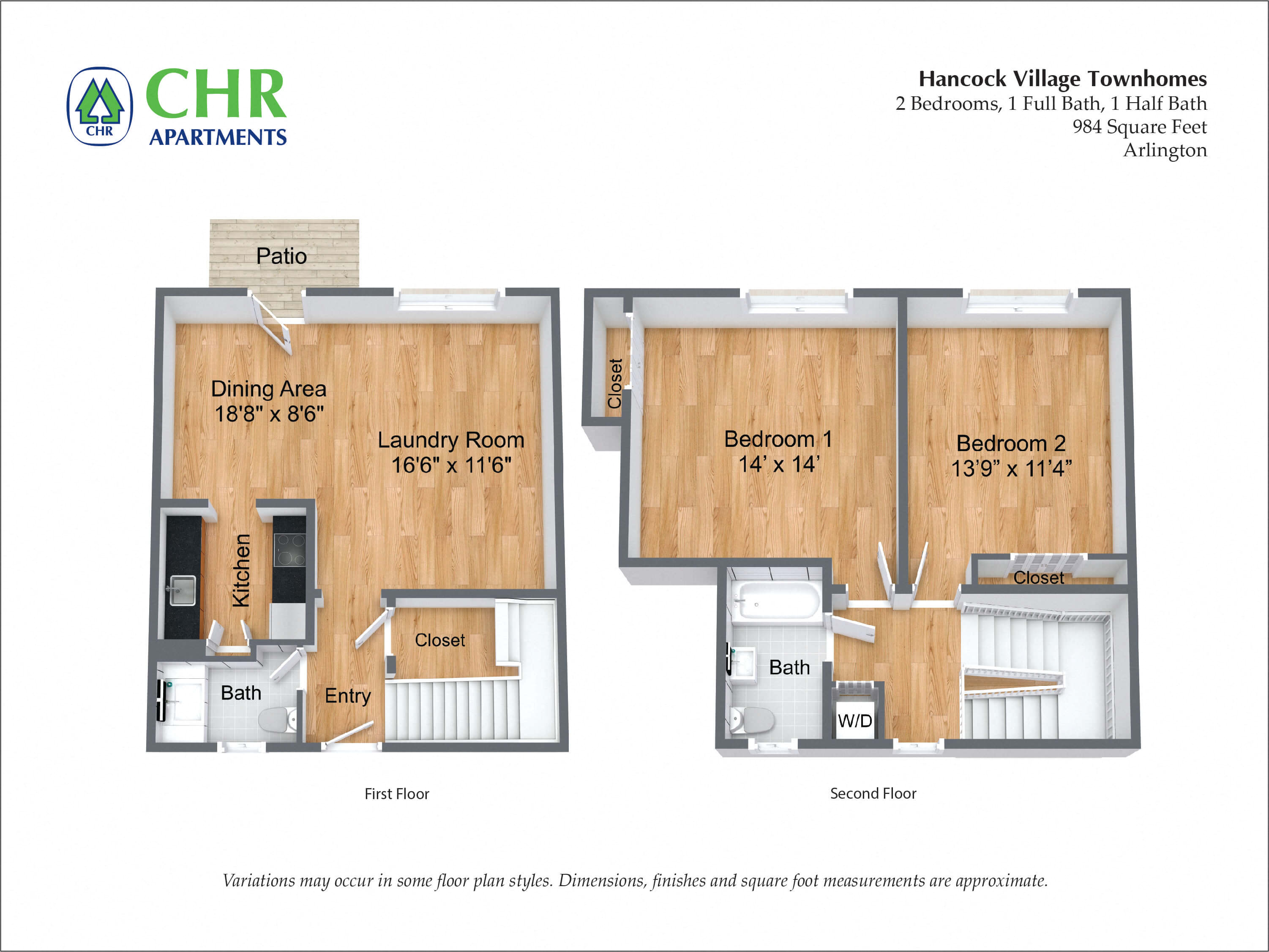 Floor plan for 2 beds, 1.5 baths, 1173 sqft